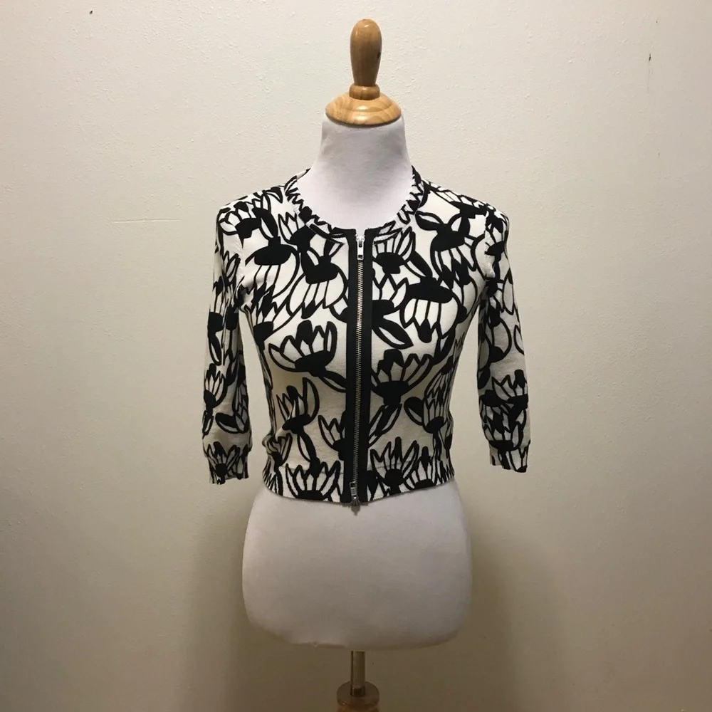 Tracy Reese Cropped Full Zip Floral Black Sweater XS - Picture 2 of 9